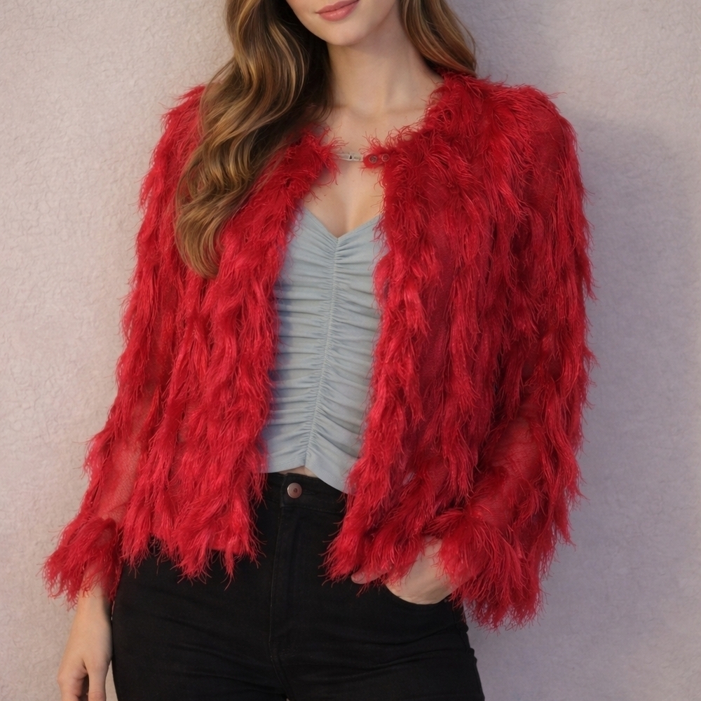 COLLEEN LOPEZ Hot Pink Shaggy Flapper Fringe Mesh Jacket